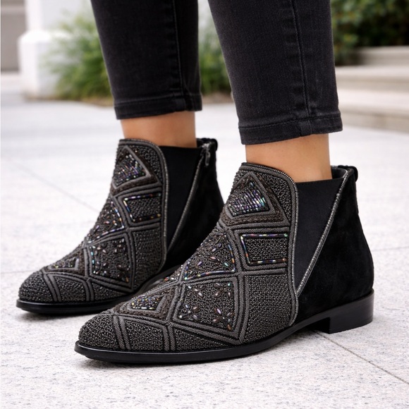 Meher Kakalia Shoes - Meher Kakalia Embellished Beaded Black Suede Ankle Boots Size 37